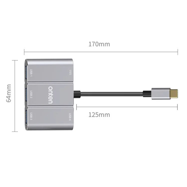 ONTEN 9506B Hub USB 3.0 Haute Vitesse 4 Ports avec Adaptateur d'Extension Type-C en Alliage d'Aluminium