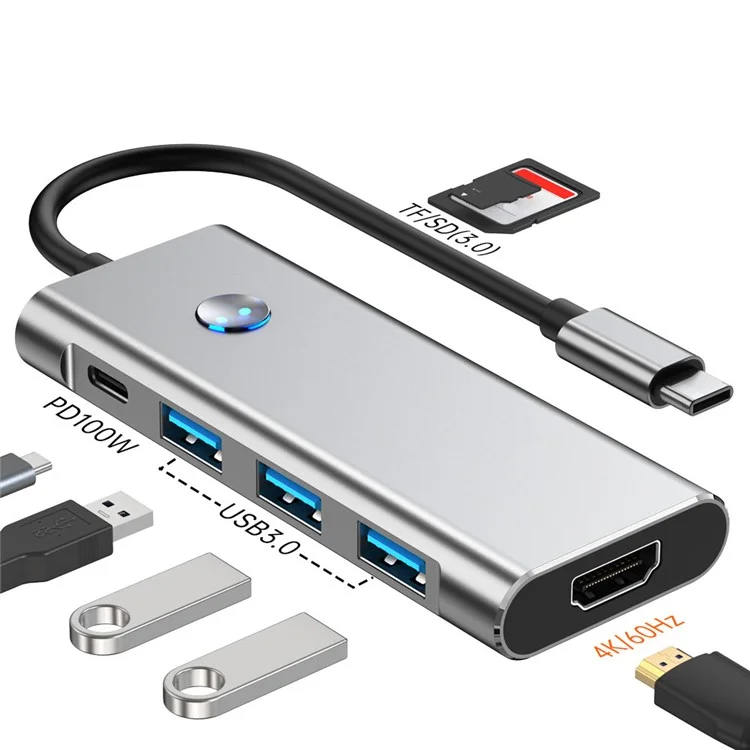 Hub 2425 7 en 1 Type C USB 3.0 PD 100W Station d'extension Adaptateur HD 4K Lecteur de cartes SD / TF pour ordinateurs portables