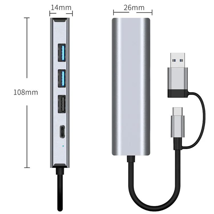2501 USB-C / USB to Ethernet Adapter RJ45 Gigabit Network Card with USB3.2 USB2.0 USB-C3.2 DC5V Ports Converter