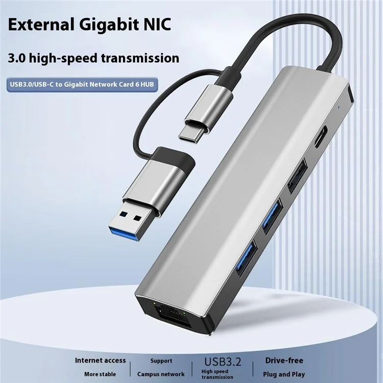 2501 USB-C / USB to Ethernet Adapter RJ45 Gigabit Network Card with USB3.2 USB2.0 USB-C3.2 DC5V Ports Converter