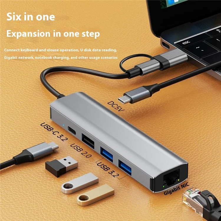 2501 USB-C / USB to Ethernet Adapter RJ45 Gigabit Network Card with USB3.2 USB2.0 USB-C3.2 DC5V Ports Converter