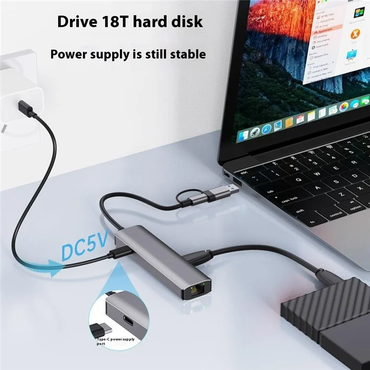 2501 USB-C / USB to Ethernet Adapter RJ45 Gigabit Network Card with USB3.2 USB2.0 USB-C3.2 DC5V Ports Converter