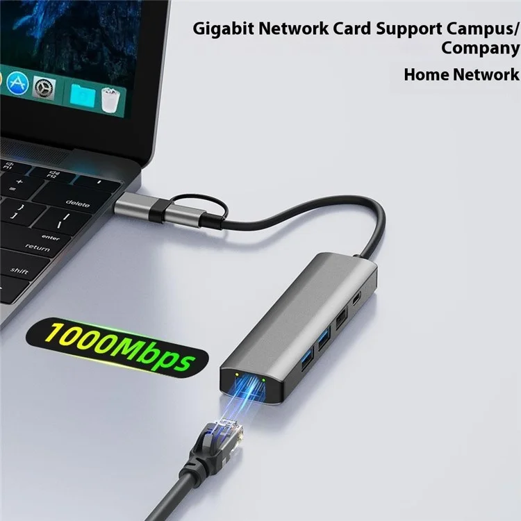 2501 USB-C / USB to Ethernet Adapter RJ45 Gigabit Network Card with USB3.2 USB2.0 USB-C3.2 DC5V Ports Converter
