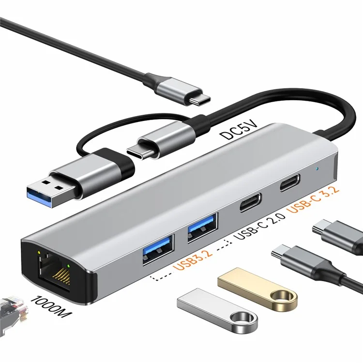 2503 Hub USB / Type-C Gigabit RJ45 2xUSB3.2 USB-C2.0 USB-C3.2 DC5V 6 in 1 Stazione di aggancio