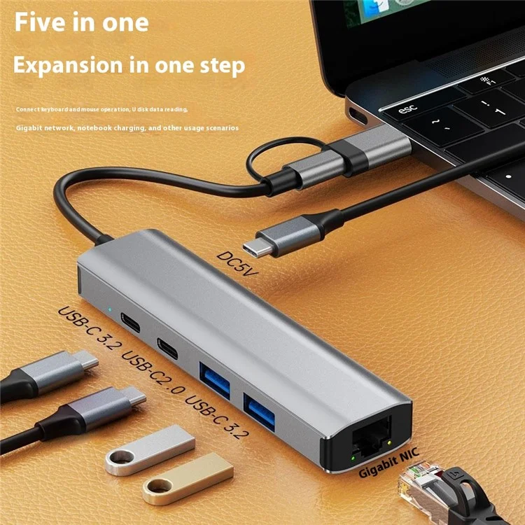 2503 Hub USB / Type-C Gigabit RJ45 2xUSB3.2 USB-C2.0 USB-C3.2 DC5V 6 in 1 Stazione di aggancio