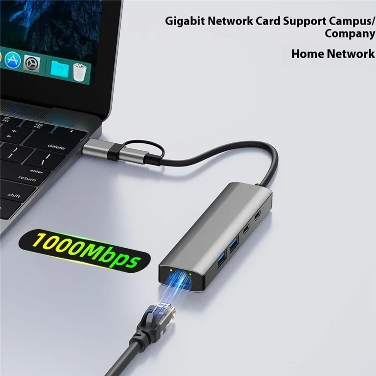 2503 Hub USB / Type-C Gigabit RJ45 2xUSB3.2 USB-C2.0 USB-C3.2 DC5V 6 in 1 Stazione di aggancio