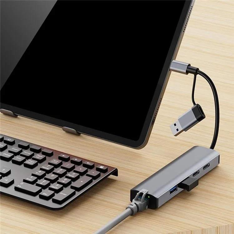 2503 Hub USB / Type-C Gigabit RJ45 2xUSB3.2 USB-C2.0 USB-C3.2 DC5V 6 in 1 Stazione di aggancio