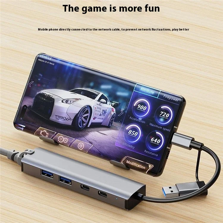 2503 Hub USB / Type-C Gigabit RJ45 2xUSB3.2 USB-C2.0 USB-C3.2 DC5V 6 in 1 Stazione di aggancio