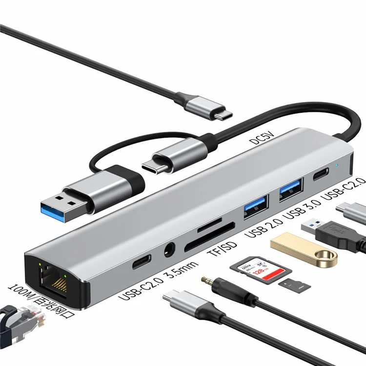 2509 USB-C / USB Hub 9-in-1 Dockingstation RJ45 USB3.0 USB2.0 USB-C2.0 3,5mm DC5V SD / TF Kartenleser Adapter
