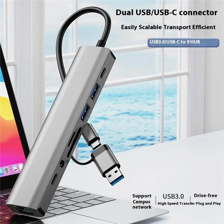 2509 USB-C / USB Hub 9-in-1 Dockingstation RJ45 USB3.0 USB2.0 USB-C2.0 3,5mm DC5V SD / TF Kartenleser Adapter