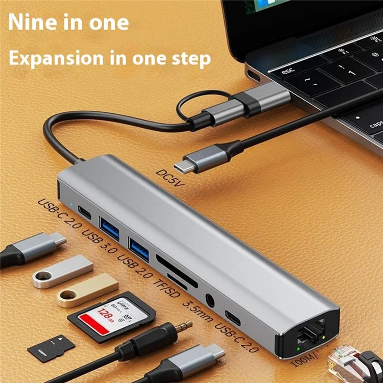 2509 USB-C / USB Hub 9-in-1 Dockingstation RJ45 USB3.0 USB2.0 USB-C2.0 3,5mm DC5V SD / TF Kartenleser Adapter