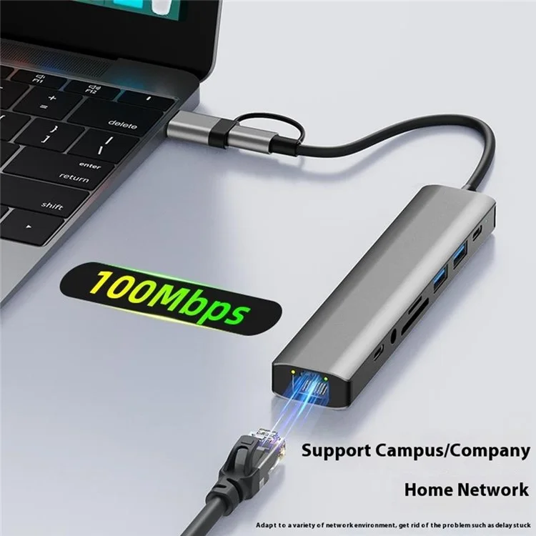2509 USB-C / USB Hub 9-in-1 Dockingstation RJ45 USB3.0 USB2.0 USB-C2.0 3,5mm DC5V SD / TF Kartenleser Adapter