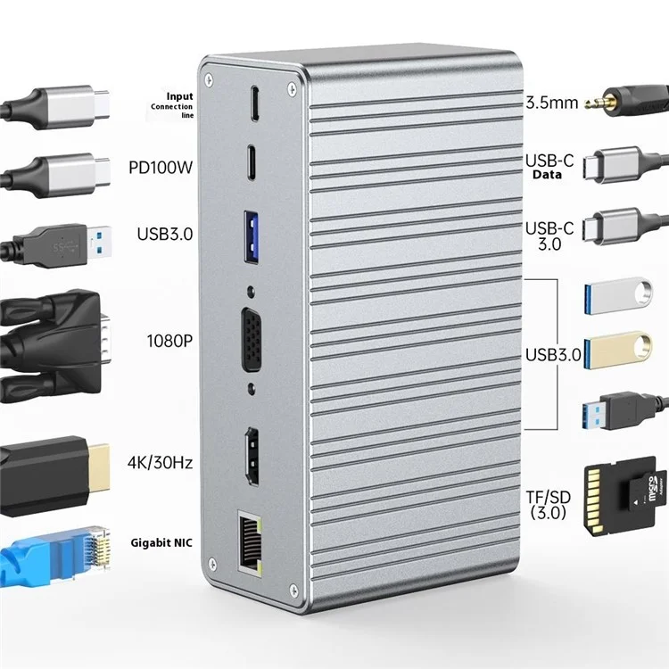 2428 Type-C Hub 13 in 1 Desktop Docking Station USB 3.0 Gigabit Ethernet HD VGA Adapter for Laptop