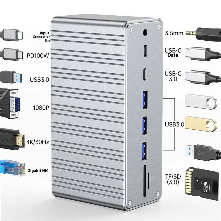 2428 Type-C Hub 13 in 1 Desktop Docking Station USB 3.0 Gigabit Ethernet HD VGA Adapter for Laptop