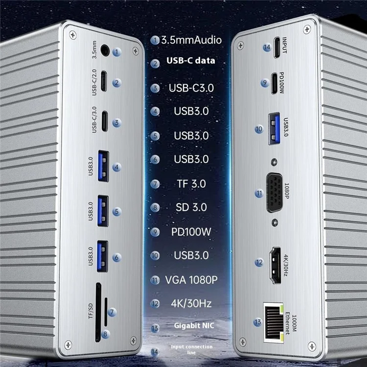 2428 Type-C Hub 13 in 1 Desktop Docking Station USB 3.0 Gigabit Ethernet HD VGA Adapter for Laptop