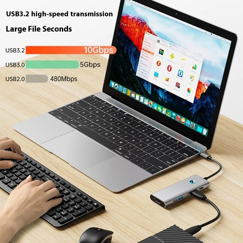 2426 USB Hub Type-C to 2 x USB3.2 + HD + PD 100W + 2 x USB-C3.2 One-Key Screen Off 6 in 1 Expansion Dock
