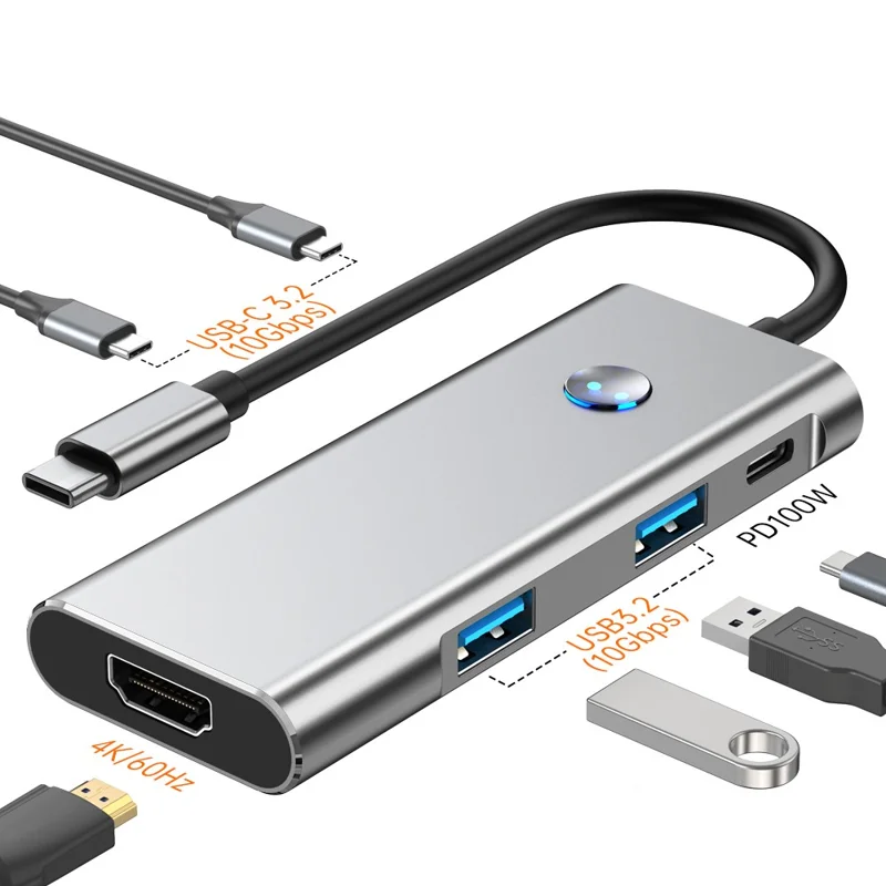 2426 USB Hub Type-C to 2 x USB3.2 + HD + PD 100W + 2 x USB-C3.2 One-Key Screen Off 6 in 1 Expansion Dock