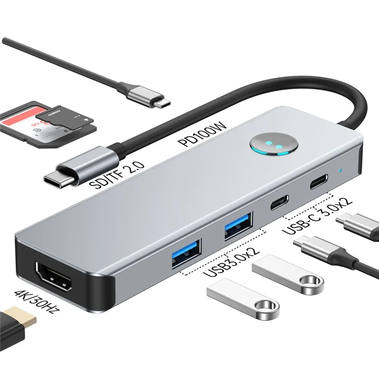 2419 Type-C Hub 8-in-1 Docking-Station 4K HD SD / TF USB3.0 PD 100W Laptops Adapter mit One-Key Bildschirm-Aus-Funktion