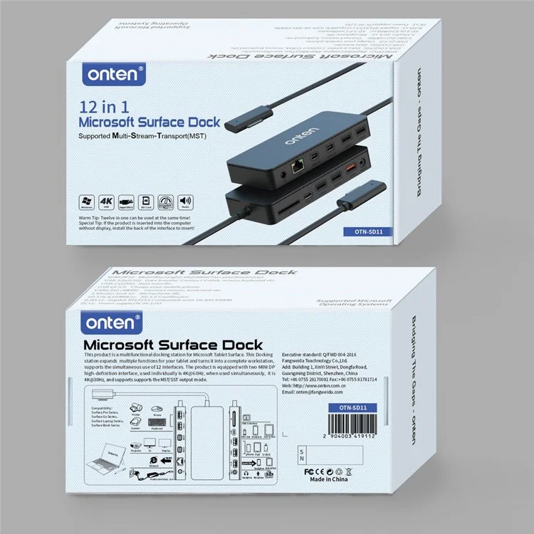 Station d'accueil ONTEN SD11 12 en 1 pour Microsoft Surface Pro / Go / Laptop avec adaptateur Mini DP 4K