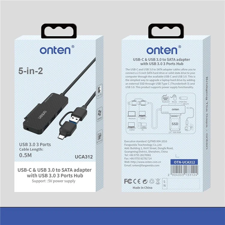ONTEN UCA312 USB A + USB C to SATA Adapter with 3 Ports USB 3.0 Hub for 2.5 Inch HDD SSD