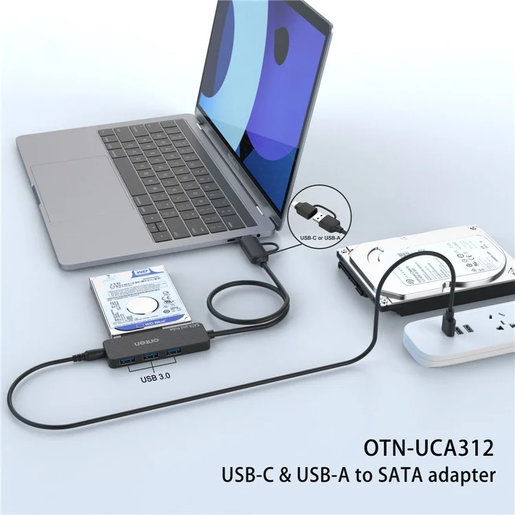 ONTEN UCA312 USB A + USB C to SATA Adapter with 3 Ports USB 3.0 Hub for 2.5 Inch HDD SSD