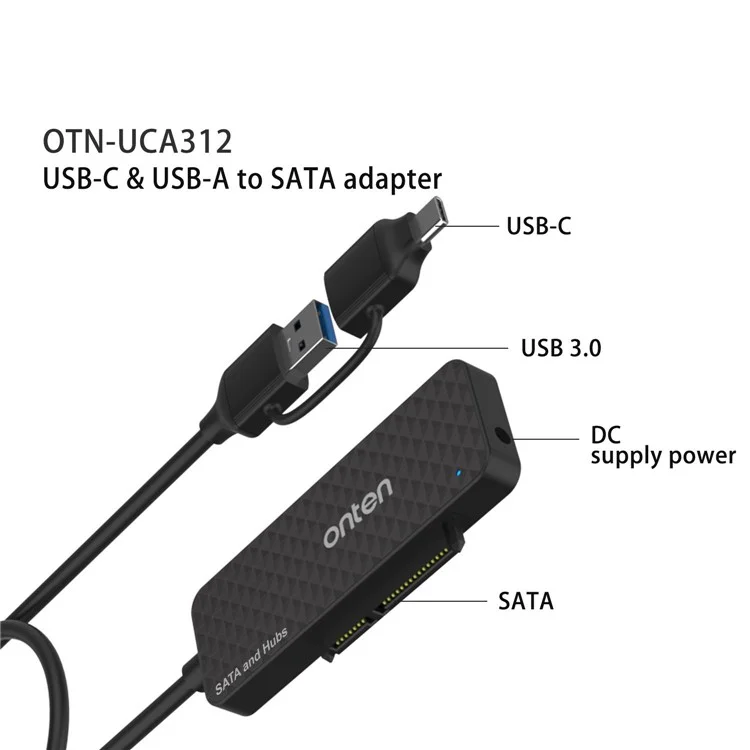 ONTEN UCA312 USB A + USB C to SATA Adapter with 3 Ports USB 3.0 Hub for 2.5 Inch HDD SSD