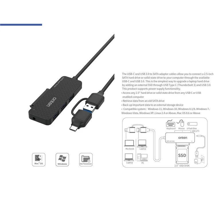 ONTEN UCA312 USB A + USB C to SATA Adapter with 3 Ports USB 3.0 Hub for 2.5 Inch HDD SSD