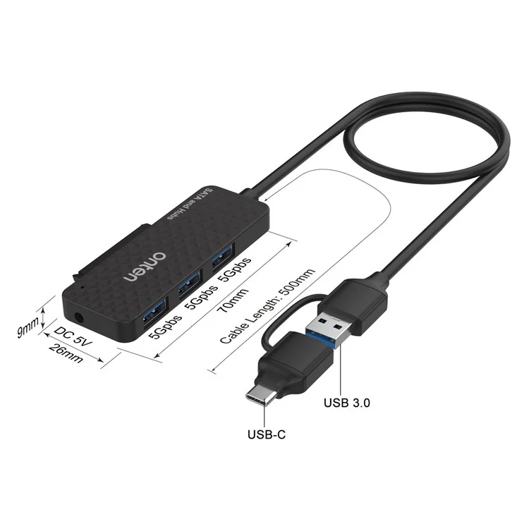 ONTEN UCA312 USB A + USB C to SATA Adapter with 3 Ports USB 3.0 Hub for 2.5 Inch HDD SSD