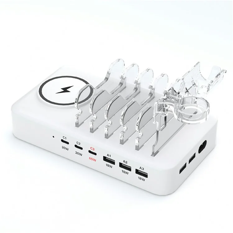 150W USB A + Type C 8 Ports Charger Hub GaN Fast Charging Station with 15W Wireless Charging - White / US Plug
