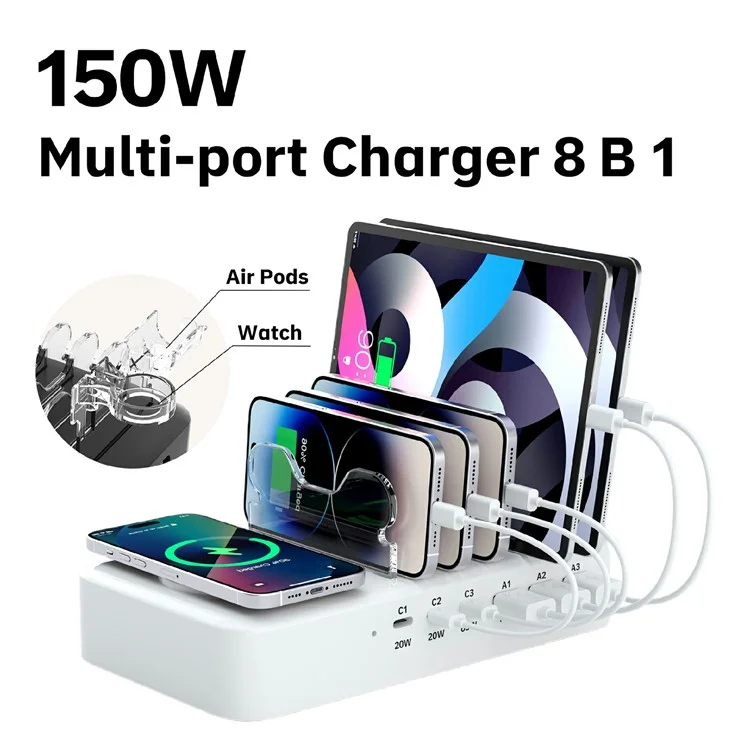 150W USB A + Type C 8 Ports Charger Hub GaN Fast Charging Station with 15W Wireless Charging - White / US Plug