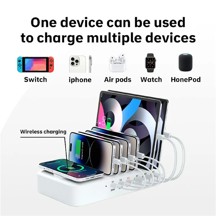 150W USB A + Type C 8 Ports Charger Hub GaN Fast Charging Station with 15W Wireless Charging - White / US Plug