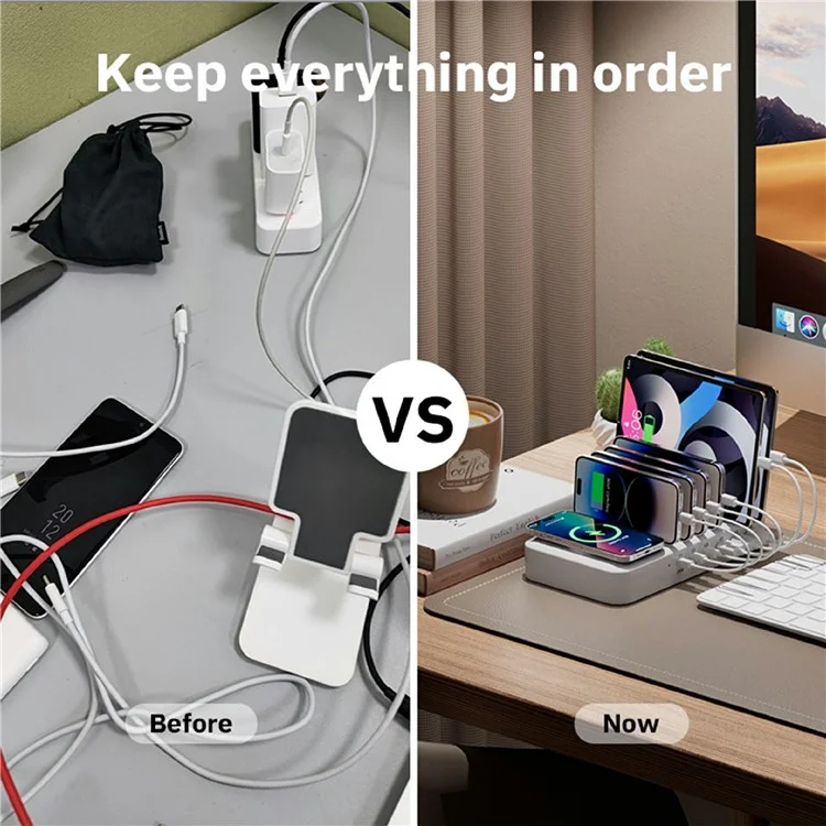 150W USB A + Type C 8 Ports Charger Hub GaN Fast Charging Station with 15W Wireless Charging - White / US Plug