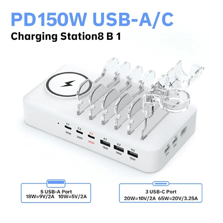 150W USB A + Type C 8 Ports Charger Hub GaN Fast Charging Station with 15W Wireless Charging - White / US Plug