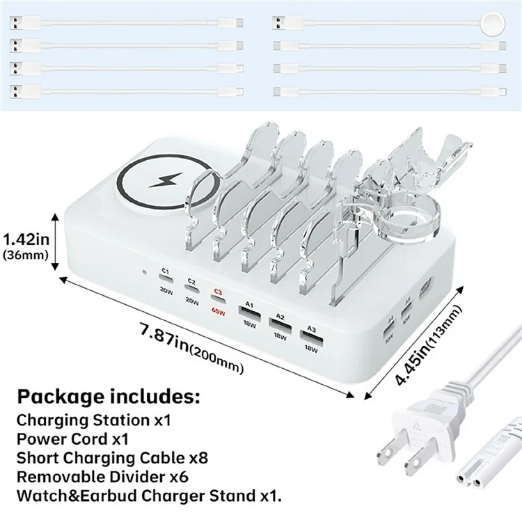 150W USB A + Type C 8 Ports Charger Hub GaN Fast Charging Station with 15W Wireless Charging - White / US Plug
