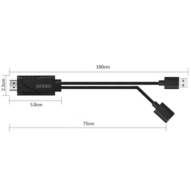 Cabo Adaptador ONTEN OTN-7562S de Energia USB Macho + USB 2.0 Fêmea para HD para Espelhamento de Tela de Smartphone