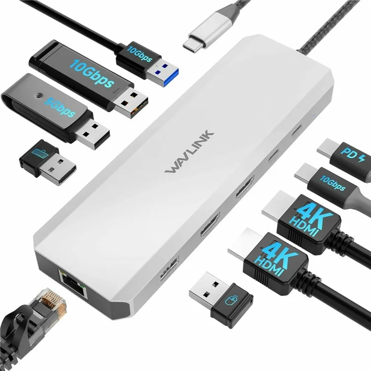 WAVLINK UMD309 10 в 1 USB-C Хаб с двойным HD, 100 Вт PD, 10 Гбит/с USB-A USB-C Док-станция