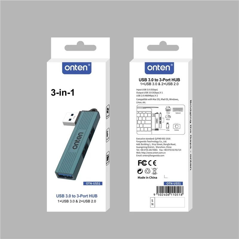 ONTEN OTN-US51 Adaptador de Hub USB-A a 2xUSB 2.0 + USB3.0 de Alta Velocidad con Carcasa de Aleación de Aluminio