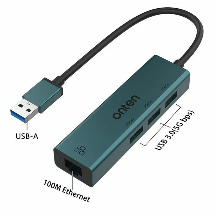 ONTEN 5221 Hub USB 4 en 1 Adaptateur Ethernet Carte Réseau 100 Mbps Dock d'Extension 3 ports USB 3.0