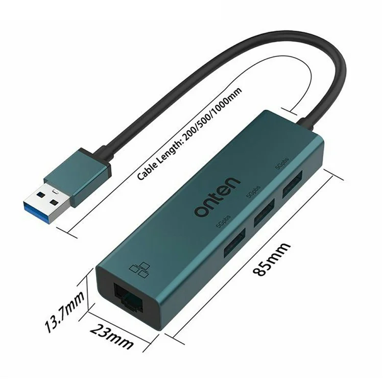 ONTEN 5221 Hub USB 4 en 1 Adaptateur Ethernet Carte Réseau 100 Mbps Dock d'Extension 3 ports USB 3.0
