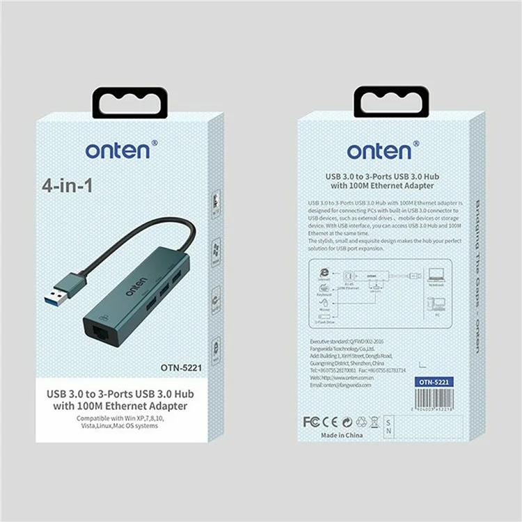 ONTEN 5221 Hub USB 4 en 1 Adaptateur Ethernet Carte Réseau 100 Mbps Dock d'Extension 3 ports USB 3.0