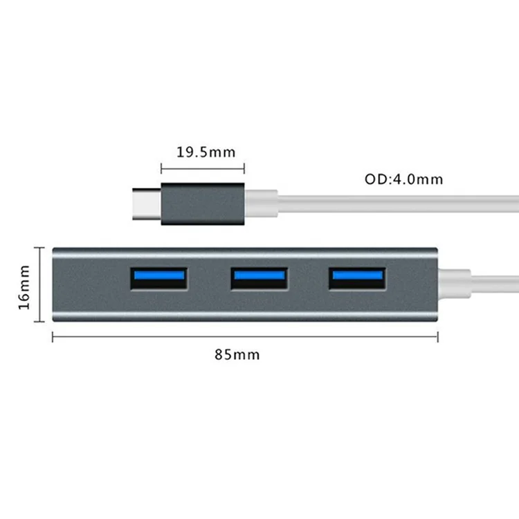 ONTEN 9596 4-Port USB 3.0 Erweiterungshub 5 Gbit/s Datenübertragung Typ C zu USB-Verteiler - Grau