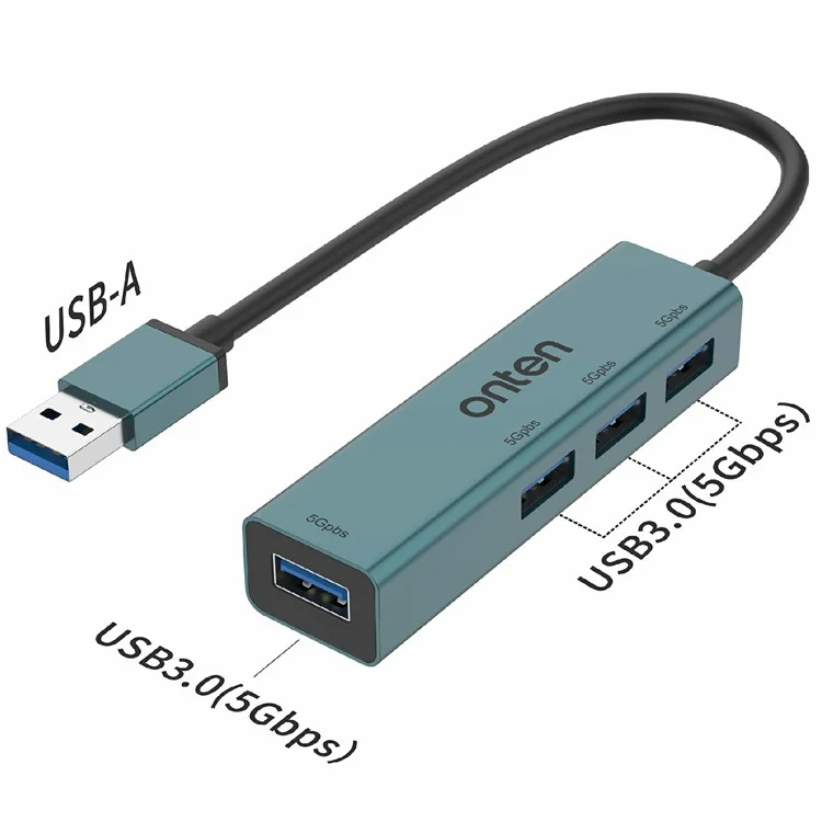 ONTEN 5222 4-in-1 USB-Hub aus Aluminium-Legierung, 5 Gbit/s Datenübertragung, 4x USB 3.0 Verteiler-Adapter