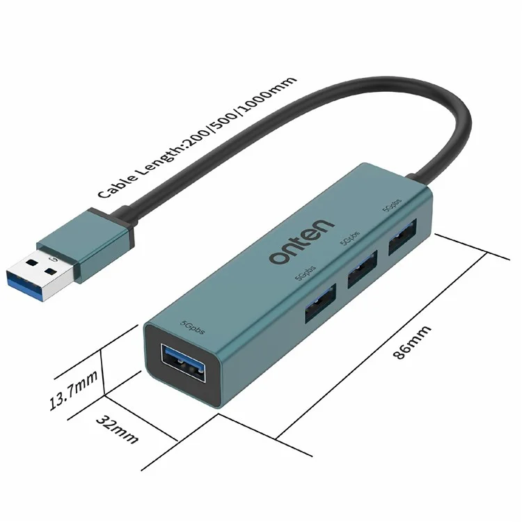 ONTEN 5222 4-in-1 USB-Hub aus Aluminium-Legierung, 5 Gbit/s Datenübertragung, 4x USB 3.0 Verteiler-Adapter