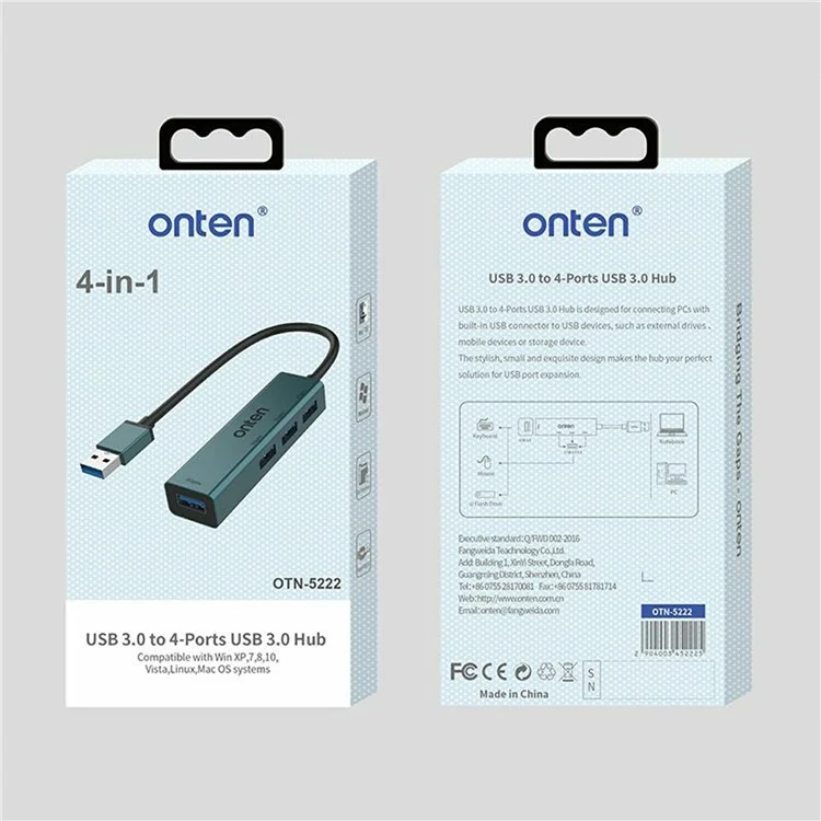 ONTEN 5222 4-in-1 USB-Hub aus Aluminium-Legierung, 5 Gbit/s Datenübertragung, 4x USB 3.0 Verteiler-Adapter
