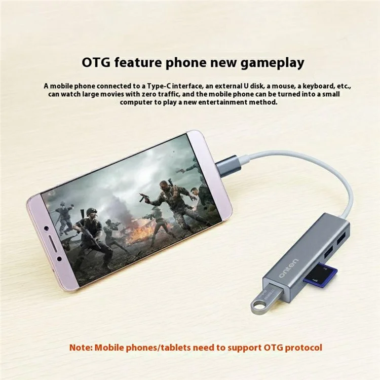 ONTEN 9597 Type C to USB 3.0 Hub 5 In 1 Aluminum Alloy Expansion Dock SD TF Card Reader