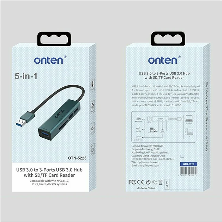ONTEN 5223 Hub d'expansion 5 en 1 USB 3.0 3xUSB3.0 Lecteur de carte TF SD Adaptateur