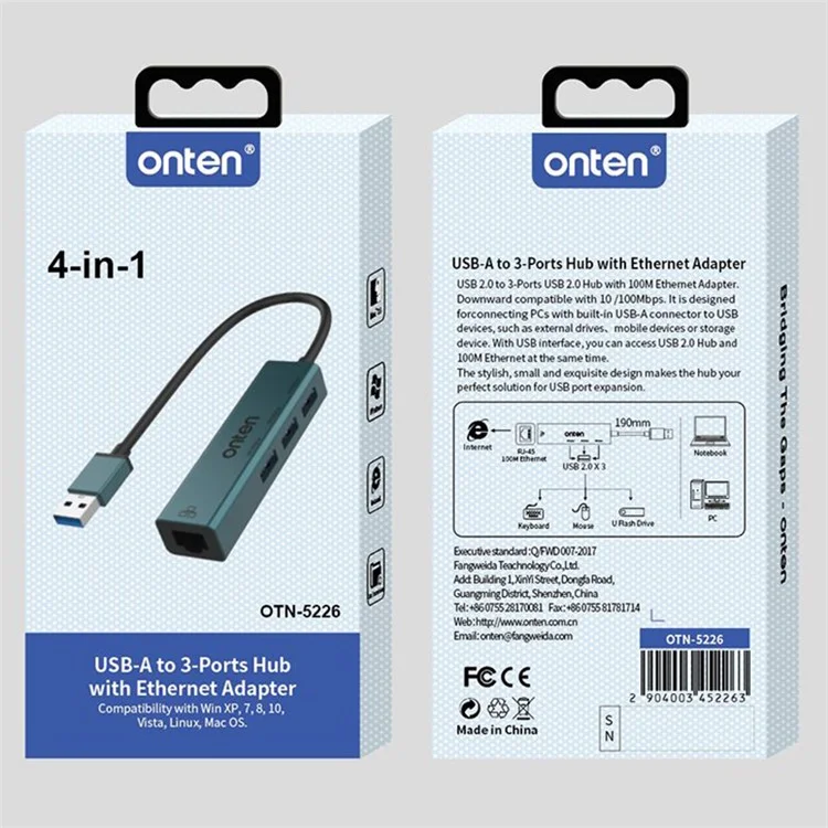 ONTEN 5226 4 in 1 USB Hub 100Mbps Network Card Ethernet Adapter 3 Port USB 2.0 Extension Dock