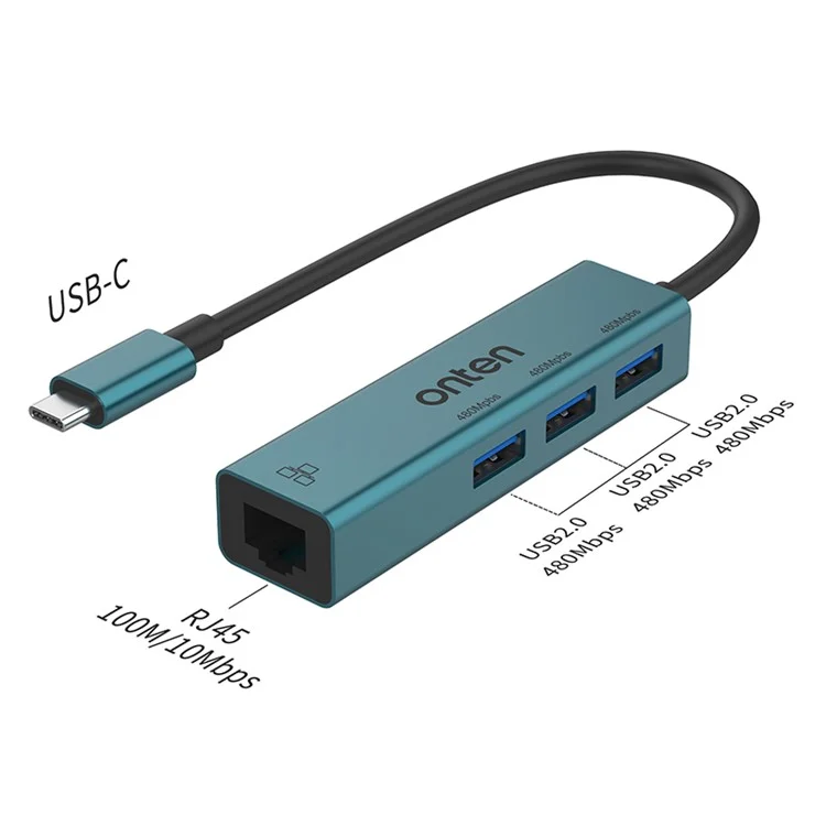 ONTEN 95226 Type-C to RJ45 + 3xUSB2.0 Ethernet Adapter USB Hub 4 in 1 Docking Station