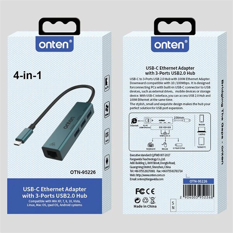 ONTEN 95226 Type-C to RJ45 + 3xUSB2.0 Ethernet Adapter USB Hub 4 in 1 Docking Station
