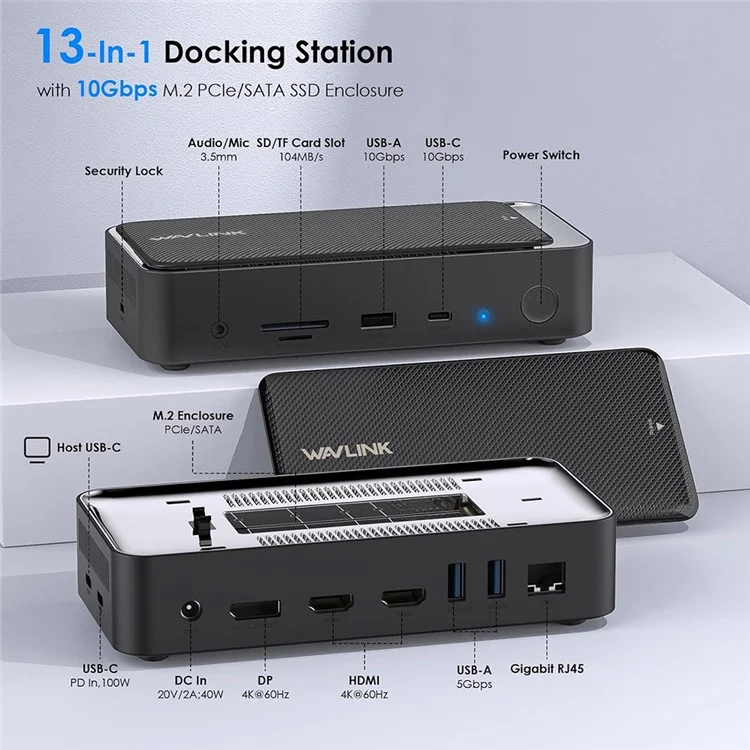 WAVLINK UMD23M 13-in-1 USB-C Hub mit 10 Gbit/s M.2 PCIe / SATA SSD Gehäuse Docking-Station für Laptop und Tablet - EU-Stecker